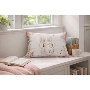 Spring Gold Beaded Eyeglass Bunny Pastel Floral Accent Velour Cushion Pillow